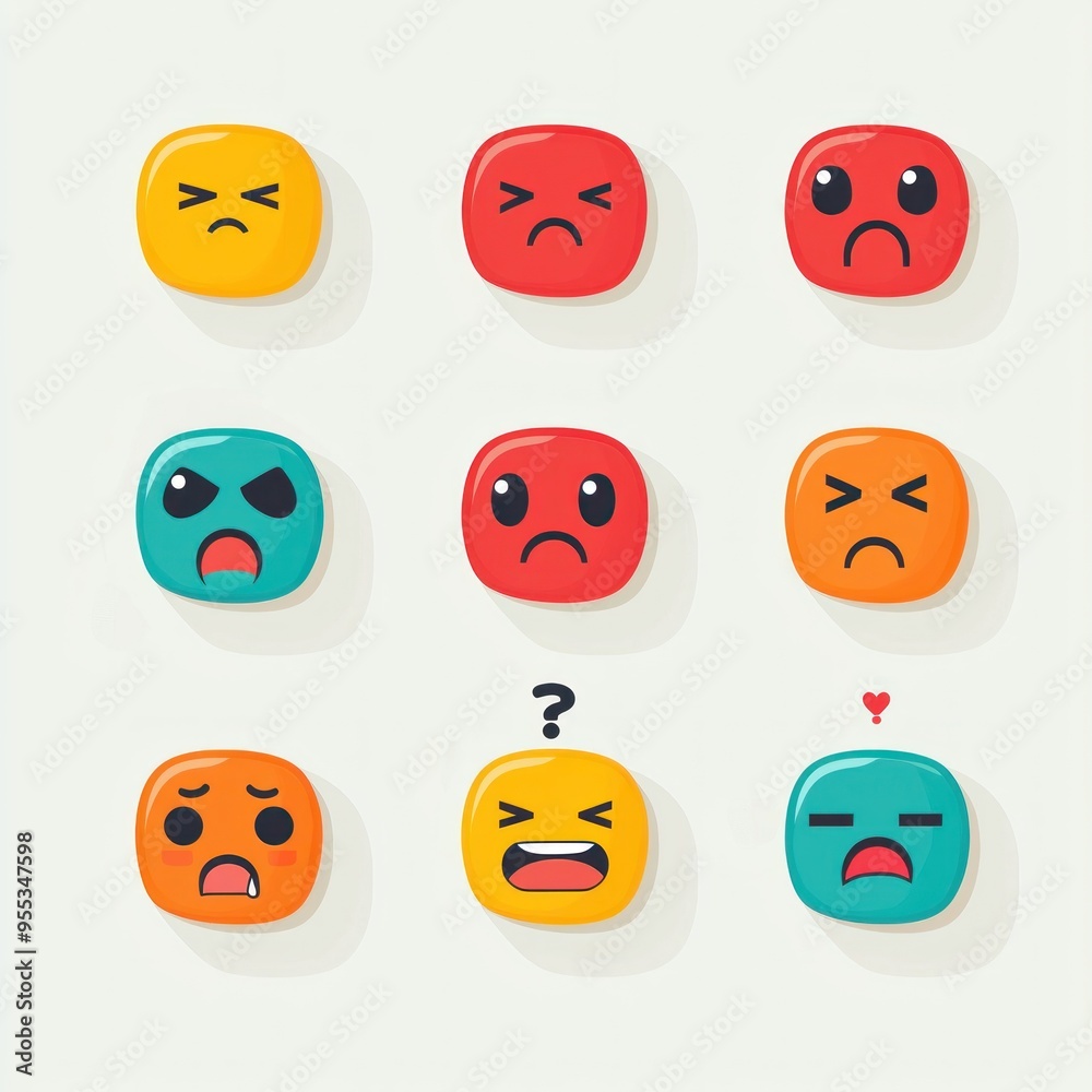A set of nine different colored faces with varying expressions A set of nine different colored faces with varying expressions