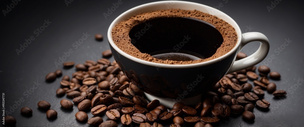 Obraz premium Coffee filter holder with and roasted beans scattered around on black background.