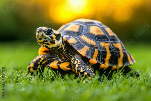 Yellow-footed Tortoise Walking Through Green Grass