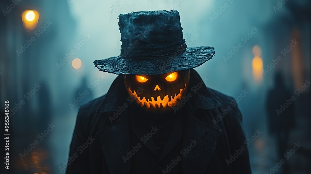 A sinister monster with a pumpkin head with glowing eyes. Man in Halloween scary costume in a dark raincoat. A sinister monster with a pumpkin head with glowing eyes. Man in Halloween scary costume in a dark raincoat.