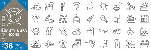 Beauty and spa icons set. Organic spa, luxury, skin care, services, herbal, wellness, aesthetic, natural, holistic, self-care and more. vector illustrator.
