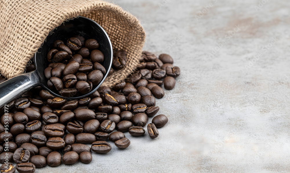 Granos de café sobre una tela de saco Granos de café sobre una tela de saco