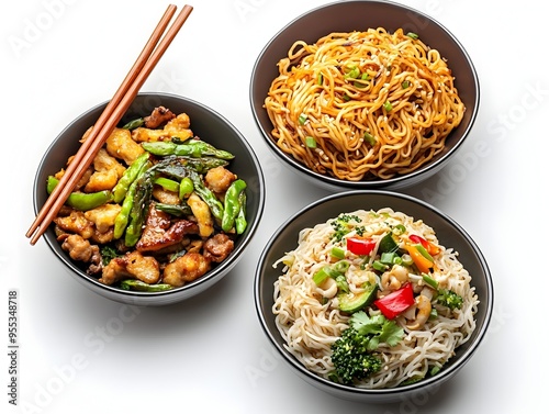 Vibrant Asian Cuisine Display Steaming Wok Fried Noodles Sizzling Vegetables and Fragrant Basmati Rice on Pristine White Background