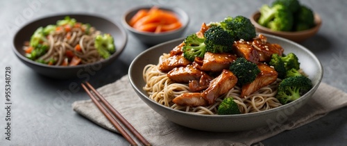 Soba noodle with teriyaki chicken and broccoli on gray stone table.