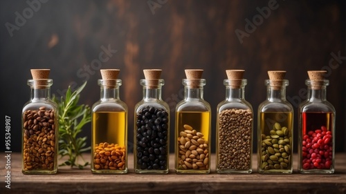 Bottles of oil with seeds on wooden board. photo