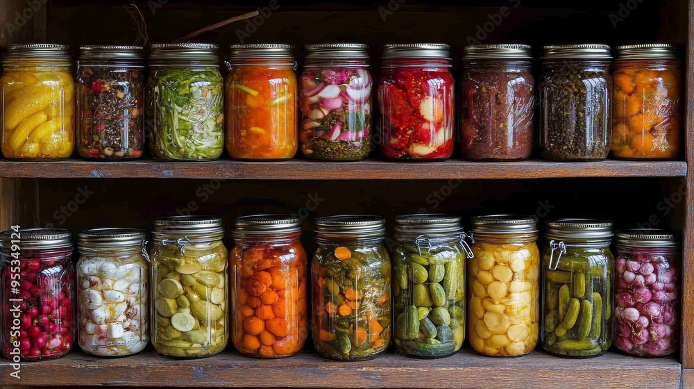 Colorful jars of homemade preserves neatly arranged on wooden shelves in a rustic kitchen Colorful jars of homemade preserves neatly arranged on wooden shelves in a rustic kitchen