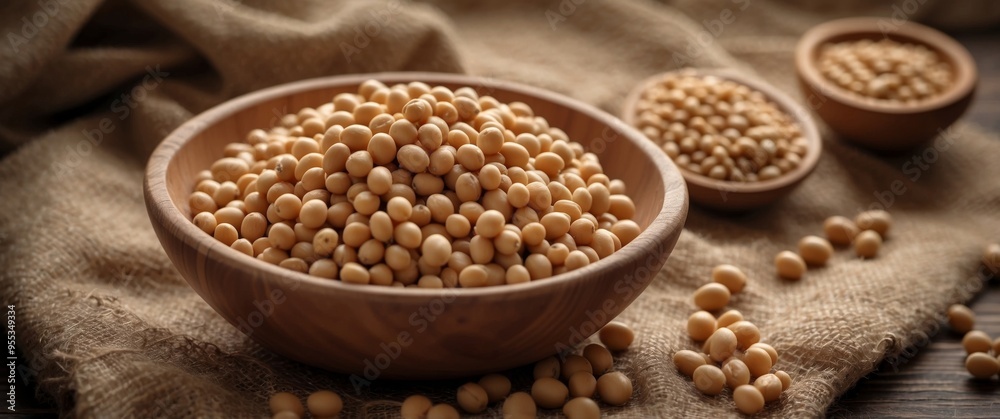 Soybeans in a wooden spoon on burlap sackcloth. Soybeans in a wooden spoon on burlap sackcloth.