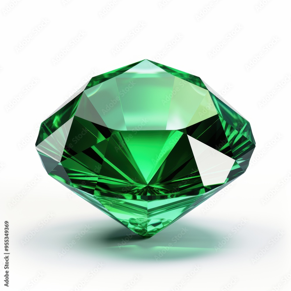 A round emerald gemstone is elegantly sitting on a smooth white surface A round emerald gemstone is elegantly sitting on a smooth white surface