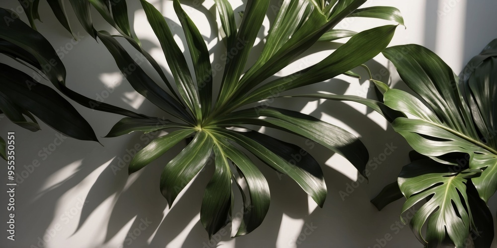 Green palm leaves casting shadows on light wall. Green palm leaves casting shadows on light wall.