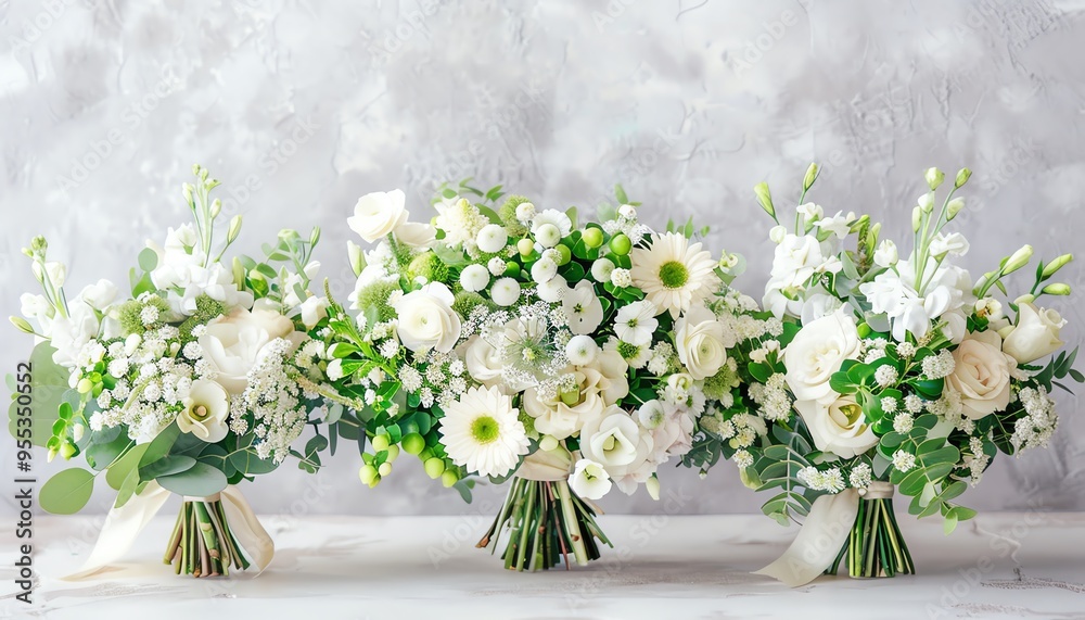 Fototapeta premium Three elegant bouquets of white and green flowers, on a light background