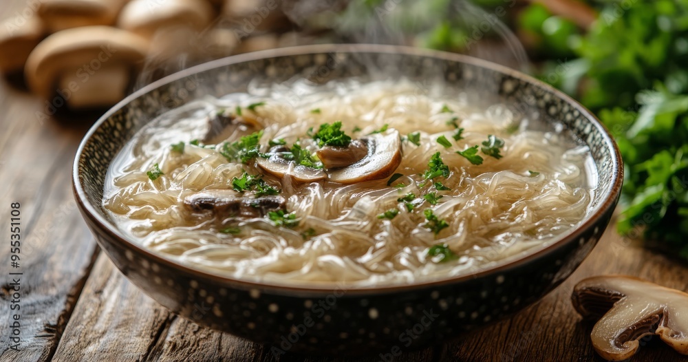 Warm bowl of mushroom noodle soup garnished with fresh herbs in a cozy kitchen setting Warm bowl of mushroom noodle soup garnished with fresh herbs in a cozy kitchen setting