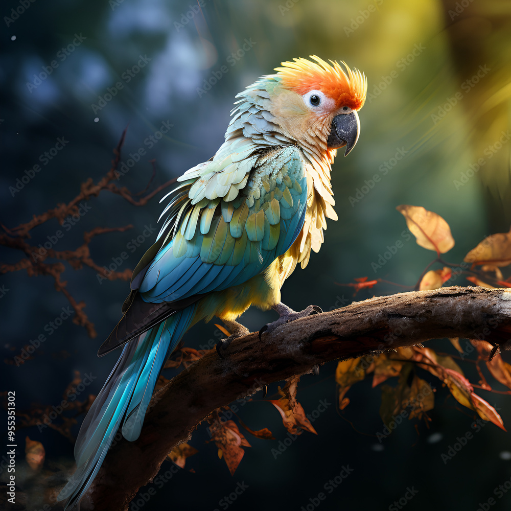 A colorful blue and green parrot perched on a branch amidst vibrant green, AI Generated A colorful blue and green parrot perched on a branch amidst vibrant green, AI Generated