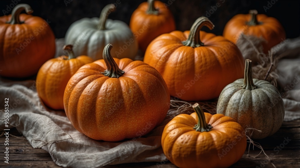 Orange pumpkins arranged on rustic background with cobwebs. Orange pumpkins arranged on rustic background with cobwebs.