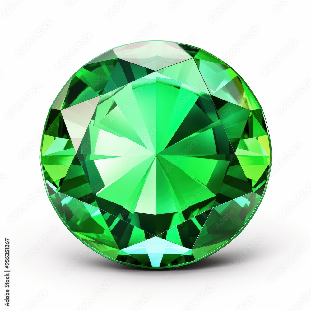 A round emerald gemstone is elegantly sitting on a smooth white surface A round emerald gemstone is elegantly sitting on a smooth white surface