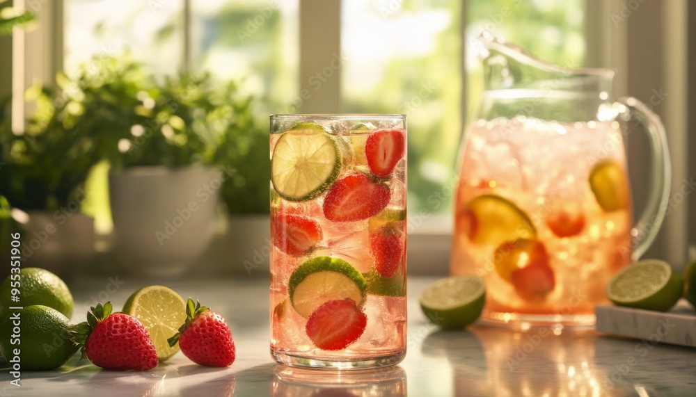Refreshing strawberry lime drink with fresh ingredients beside a sunlit window Refreshing strawberry lime drink with fresh ingredients beside a sunlit window