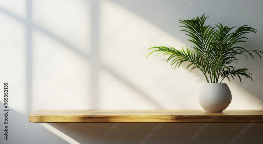 Elegant home interior featuring a stylish shelf with a potted plant in natural light Elegant home interior featuring a stylish shelf with a potted plant in natural light