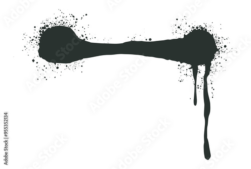 Black ink splatter in the shape of a dumbbell showing dripping effect along with artistic ink spray flat vector illustration on white background symbolizing creativity
