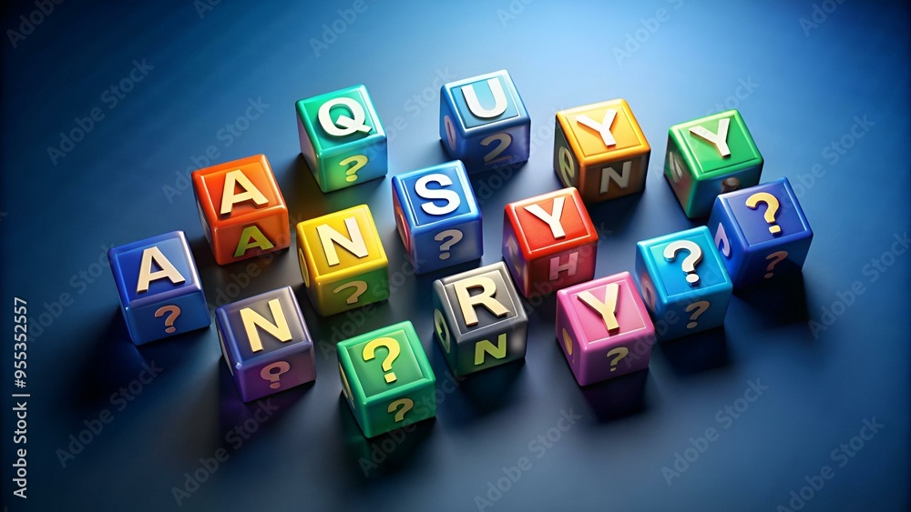 Question Rendered 3D render of top view of ANY QUESTIONS? concept with questions marks on ...