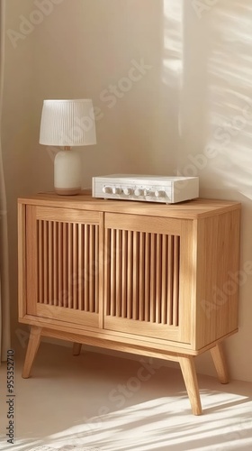 A stylish wooden sideboard is placed against a beige wall, adorned with a white lamp and a mock-up canvas. An elegant orchid pot adds a touch of nature to the modern space