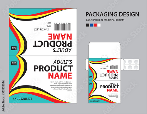Label pack for medicinal tablets, label medicine paper design, medicine packaging design, healthcare product design. product label, realistic mock-up. wave background concept. vector illustration