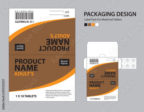 Label pack for medicinal tablets, label medicine paper design, medicine packaging design, healthcare product design. product label, realistic mock-up. wave background concept. vector illustration