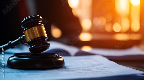 Close-up of a wooden gavel on a book in a courtroom setting. Legal justice and law concept with warm, dramatic lighting. photo