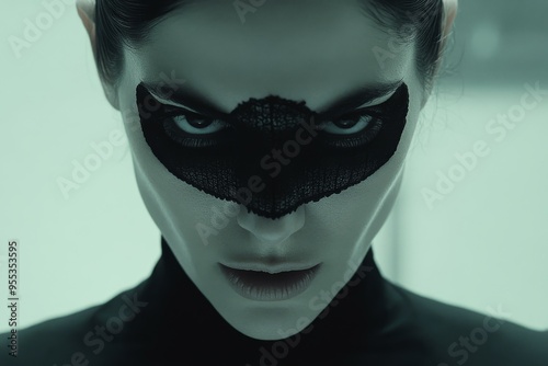 Neuropsychological testing Synaptic transmission Woman’s face partially obscured by a black mask symbolizing hidden emotions and the concealment of true identity photo