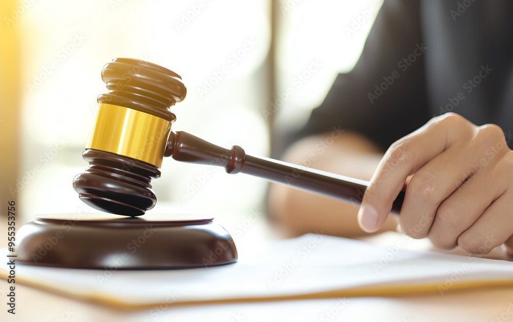 Close-up of a judge's gavel during a legal proceeding, symbolizing justice and law in a courtroom setting. Close-up of a judge's gavel during a legal proceeding, symbolizing justice and law in a courtroom setting.