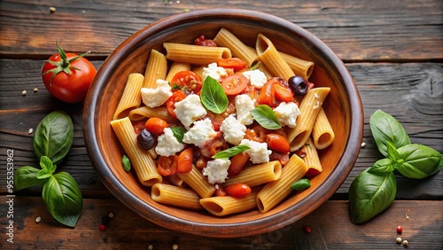 Italian pasta dish with eggplant and tomato sauce served in a rustic terracotta bowl photo