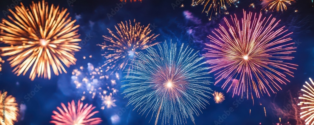 Naklejka premium Vibrant fireworks illuminate the night sky with colorful bursts, perfect for celebrating events and festivities.
