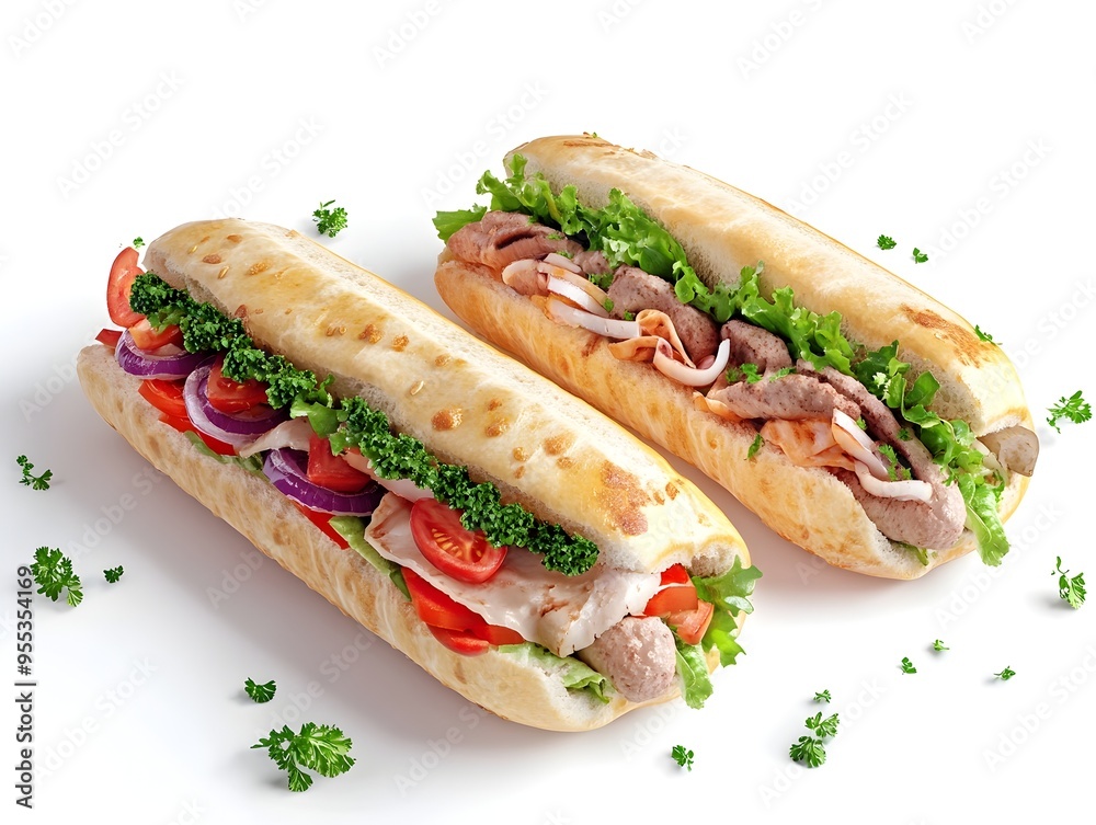 Vibrant Sandwich Shop Banner Featuring Fresh Subs and Wraps on Crisp White Background