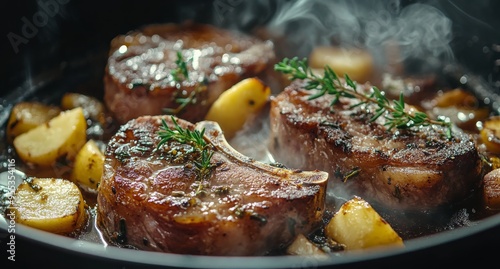 Juicy meat sizzling with potatoes and herbs in a pan on a warm stove