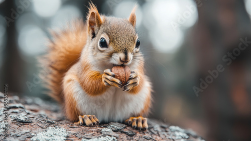 Squirrel eats a nut – A small squirrel sits on a tree trunk and nibbles on a nut.