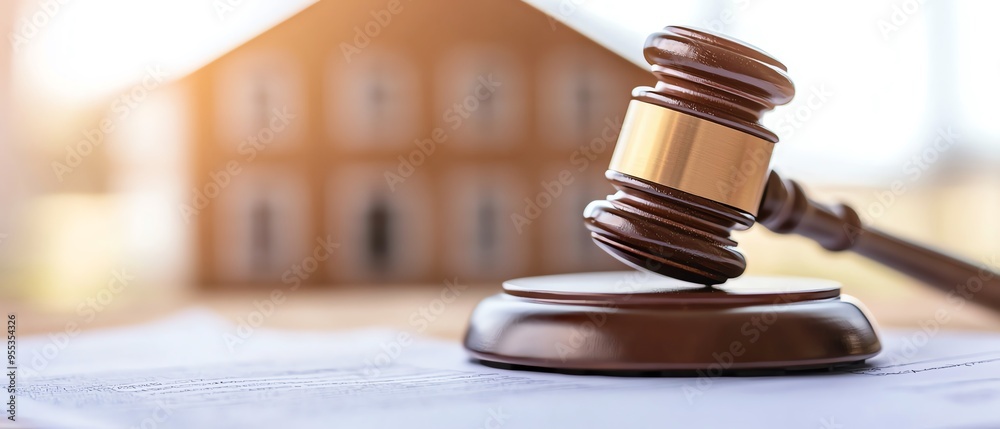 Close-up of a judge's gavel resting on a document with a house in the background, symbolizing real estate law and property legislation. Close-up of a judge's gavel resting on a document with a house in the background, symbolizing real estate law and property legislation.