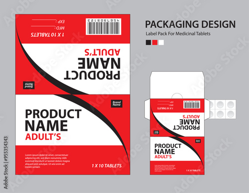 Label pack for medicinal tablets, label medicine paper design, medicine packaging design, healthcare product design. product label, realistic mock-up. wave background concept. vector illustration