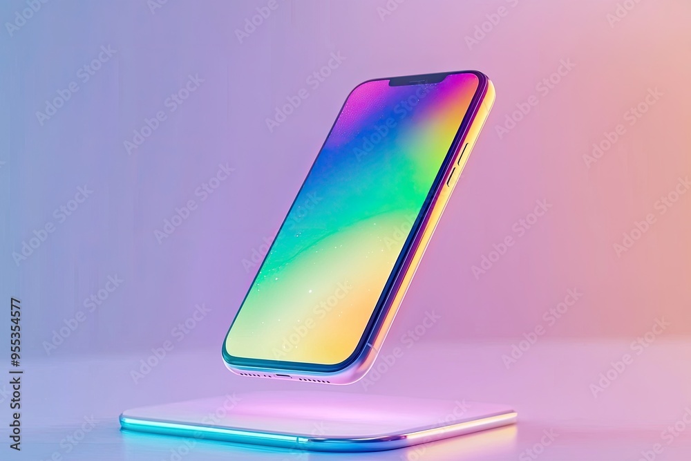 A modern smartphone floating on a sleek wireless charger, radiating vibrant hues of blue, pink, and purple in a minimalist setting. A modern smartphone floating on a sleek wireless charger, radiating vibrant hues of blue, pink, and purple in a minimalist setting.