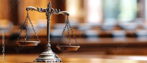Close-up of a justice scale in a courtroom, symbolizing law and legal judgments.