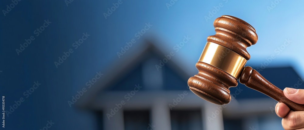Closeup of a judge's gavel with a house in the background, symbolizing real estate, law, and property rights. Closeup of a judge's gavel with a house in the background, symbolizing real estate, law, and property rights.