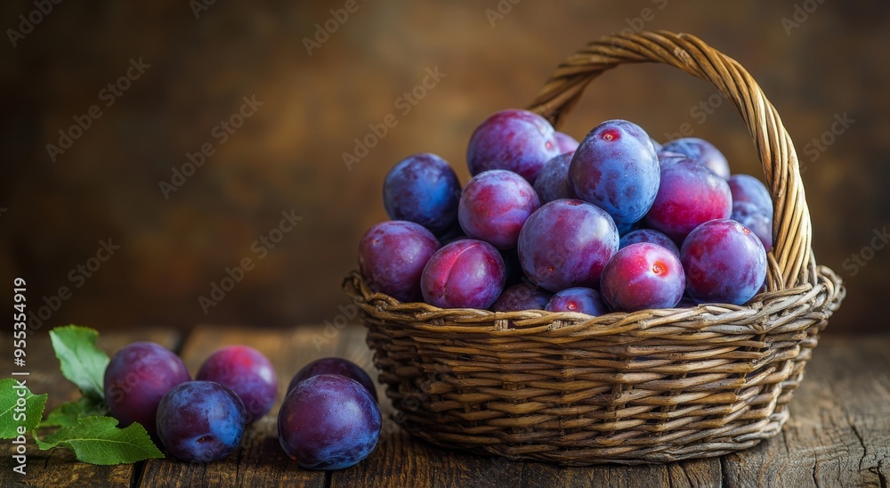 Freshly picked plums in a woven basket on a rustic wooden table with green leaves Freshly picked plums in a woven basket on a rustic wooden table with green leaves
