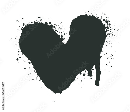 Flat vector illustration of a black heart shaped ink blot with splattered edges on a white background representing love and emotion creativity abstract