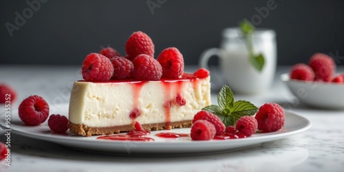 Slice of cheesecake with fresh raspberries and mint on white plate.