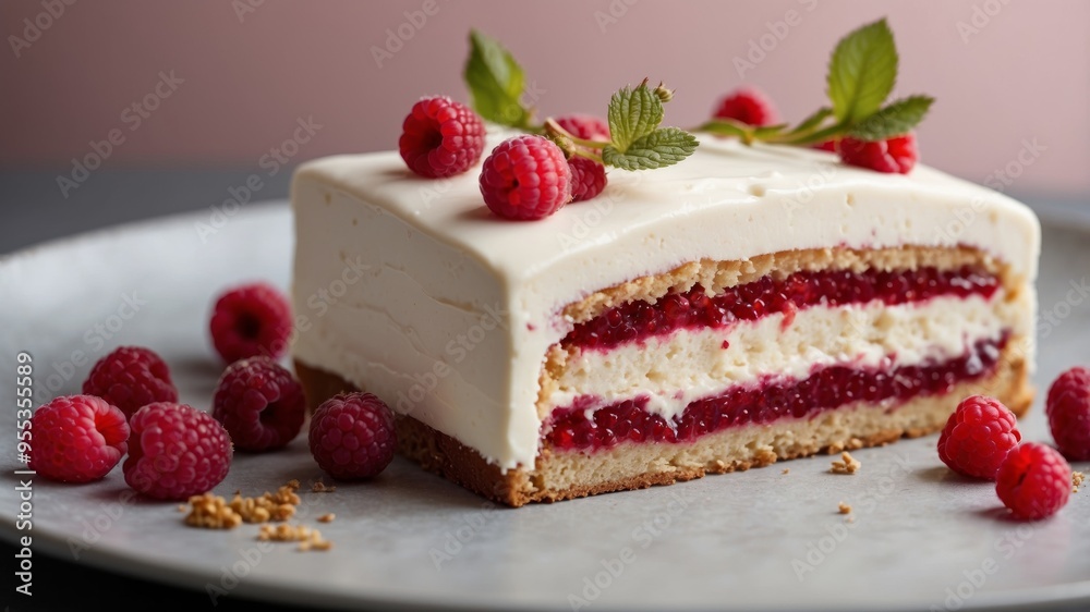 Slice of raspberry cake with creamy frosting.