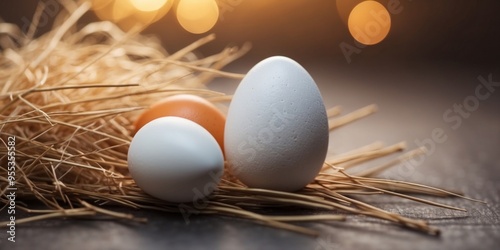 Minimal Easter concept with two white eggs and toothpicks used as spear or sword. photo