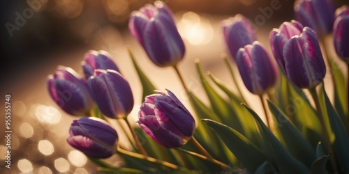 Purple Tulips Illuminated by Golden Sunlight. #955355748