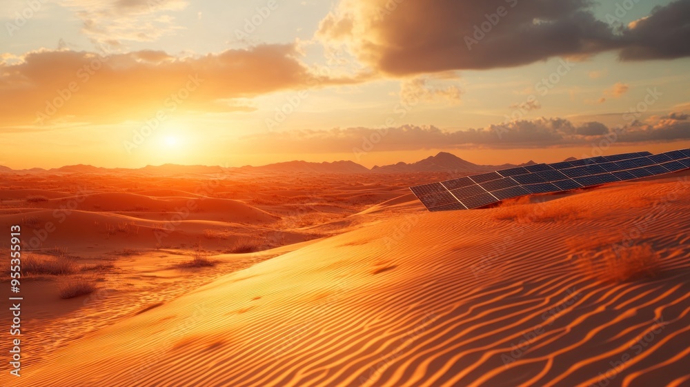 Naklejka premium Desert landscape with wind-blown sand dunes, solar panels.
