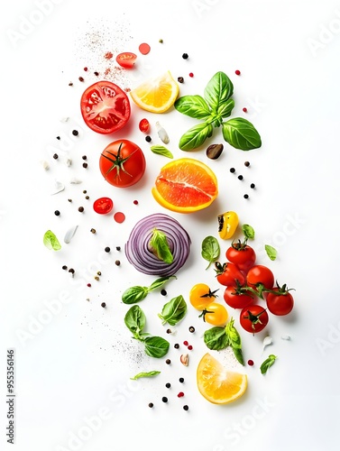 Vibrant Vegan Food Ingredients on Minimalist White Background with Organic Textures and Patterns