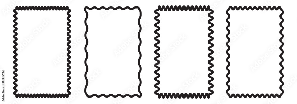 Squiggle frames set. Zigzag wavy edges, retro frames, psychedelic rectangles, photo frames, text boxes, tags, labels. Wave and curvy borders. isolated on white background. Squiggle frames set. Zigzag wavy edges, retro frames, psychedelic rectangles, photo frames, text boxes, tags, labels. Wave and curvy borders. isolated on white background.