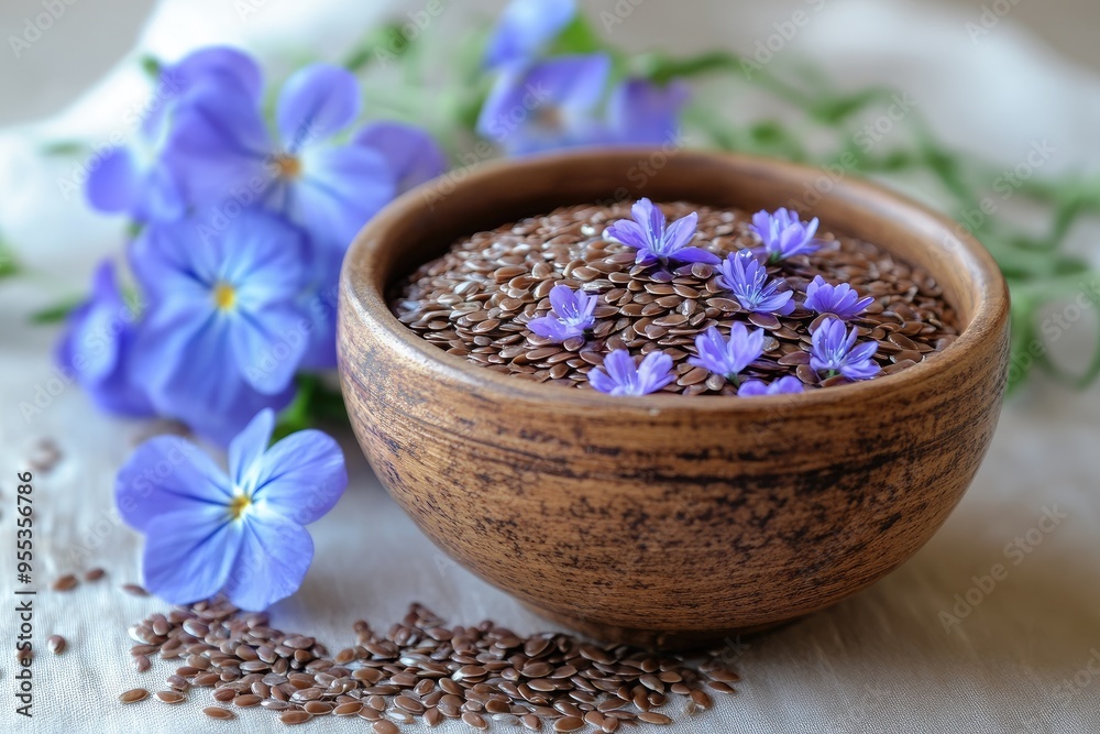 Bowl of flax seeds with blue flowers. Perfect for health, wellness, and natural food blogs. Bowl of flax seeds with blue flowers. Perfect for health, wellness, and natural food blogs.