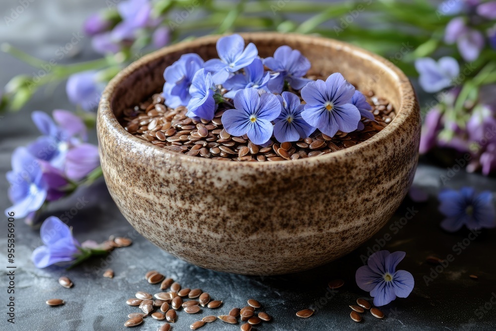 A bowl of flax seeds with purple flowers. Flax seeds are a great source of fiber and omega-3 fatty acids.