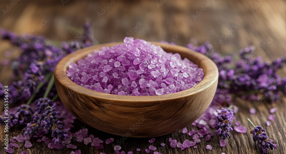 Lavender-infused pink sea salt in a wooden bowl surrounded by fresh lavender flowers Lavender-infused pink sea salt in a wooden bowl surrounded by fresh lavender flowers